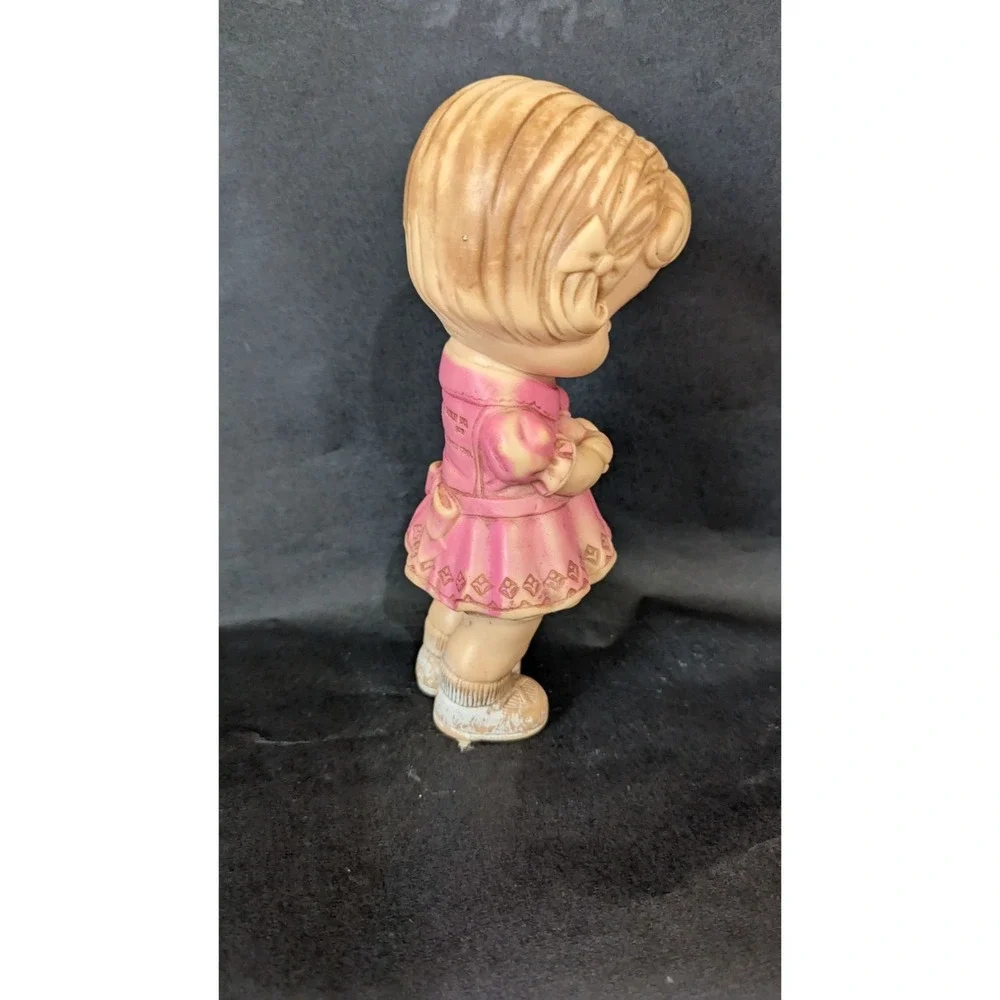 Vintage Edward Mobley Co Rubber Doll Girl Pink Dress Teddy Bear 1960s Squeak Toy